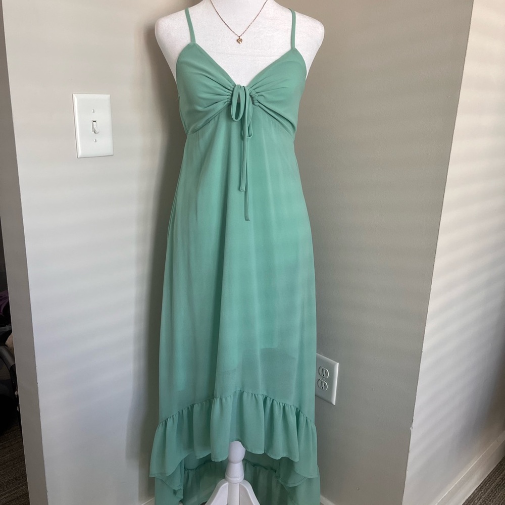 Green Ruched High-Low Sundress for Cocktail